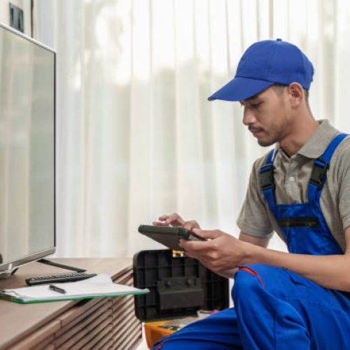 Young Asian man technician checking or setting up television with digital tablet.